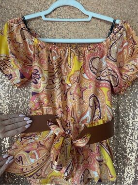 Marciano Silk Chic Bohemian Paisley Off-Shoulder Top in Yellow & Peachy pink